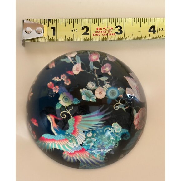 Clear Glass Dome Paperweight With Floral & Phoenix Design Black Background - Picture 3 of 7